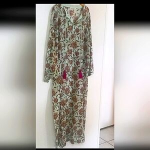 Roller Rabbit Floral Print Kurta Dress Mid Maxi  with Tassels  Purple Pink Large